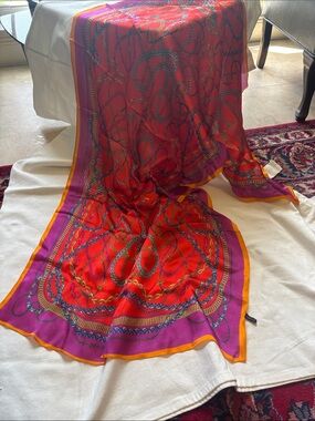 Silk Chain-Print Scarf in Red and Purple